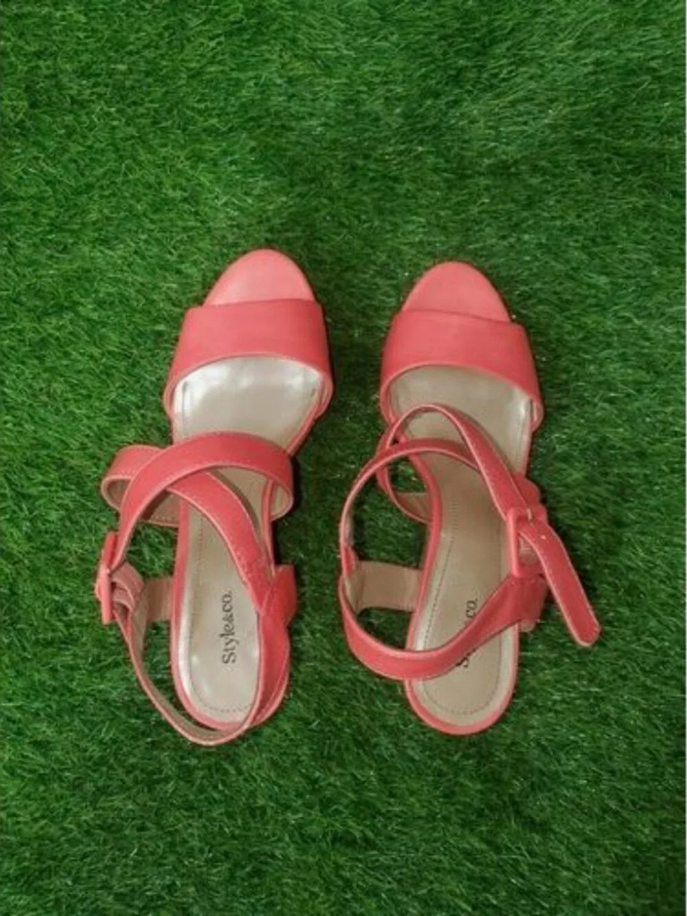 Style & Co, Allexus Open Toe Synthetic Wedge Heel, Coral, Women's Size 7 M